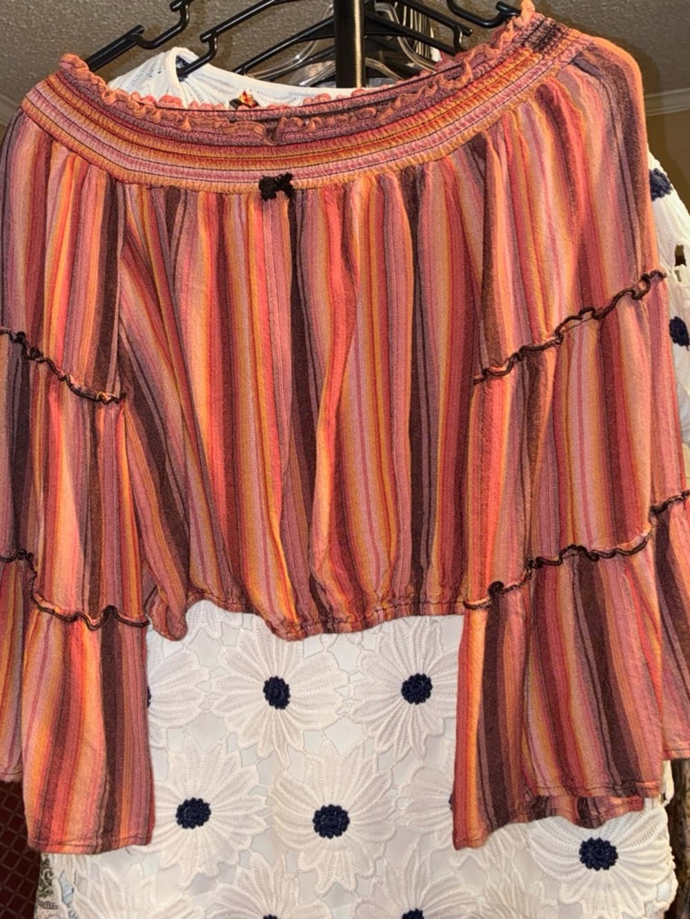 Wonderly Striped Off-Shoulder Tiered Blouse - Pink Orange Brown